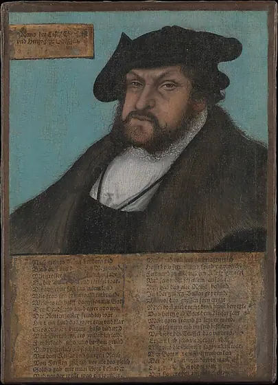 Johann I (1468–1532), the Constant, Elector of Saxony, Lucas Cranach the Elder, 1532–33, oil on canvas, transferred from wood, with letterpress-printed paper labels