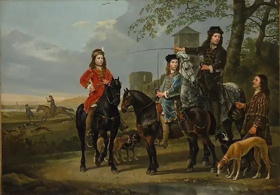 Equestrian Portrait of Cornelis (1639–1680) and Michiel Pompe van Meerdervoort (1638–1653) with Their Tutor and Coachman, Aelbert Cuyp, ca. 1652–53, oil on canvas