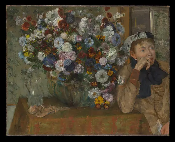 A Woman Seated beside a Vase of Flowers (Madame Paul Valpinçon?), Edgar Degas, 1865, oil on canvas
