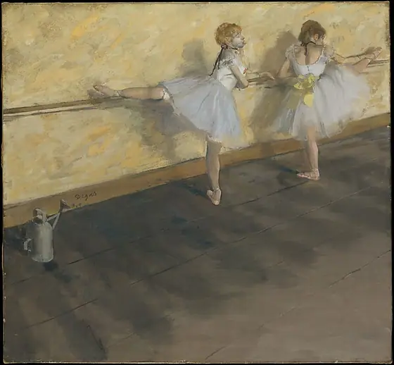Dancers Practicing at the Barre, Edgar Degas, 1877, mixed media on canvas