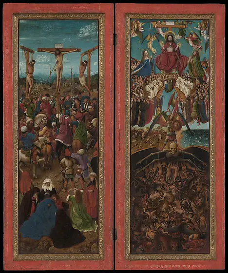 The Crucifixion; The Last Judgment, Jan van Eyck, ca. 1436–38, oil on canvas, transferred from wood