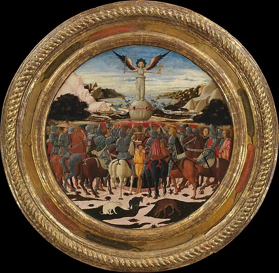 The Triumph of Fame; (reverse) Impresa of the Medici Family and Arms of the Medici and Tornabuoni Families, Giovanni di ser Giovanni Guidi, ca. 1449, tempera, silver, and gold on wood