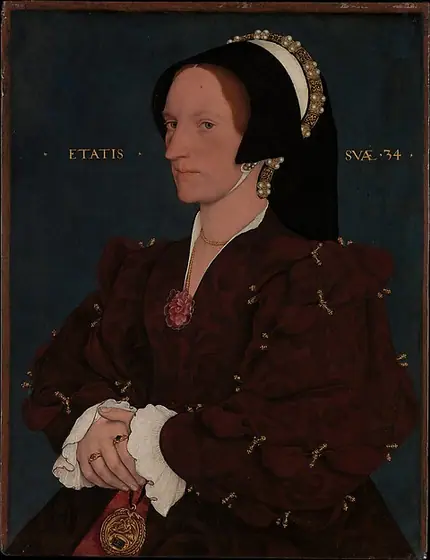 Lady Lee (Margaret Wyatt, born about 1509), Hans Holbein the Younger, early 1540s, oil and gold on oak