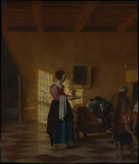 Woman with a Water Pitcher, and a Man by a Bed, Pieter de Hooch, ca. 1667–70, oil on canvas