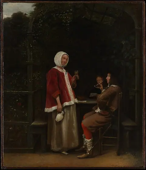 A Woman and Two Men in an Arbor, Pieter de Hooch, ca. 1657–58, oil on wood