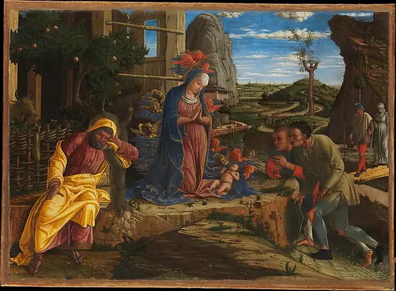 The Adoration of the Shepherds, Andrea Mantegna, shortly after 1450, tempera on canvas, transferred from wood