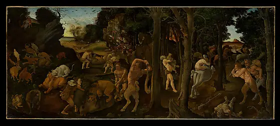 A Hunting Scene, Piero di Cosimo, ca. 1494–1500, tempera and oil transferred to Masonite