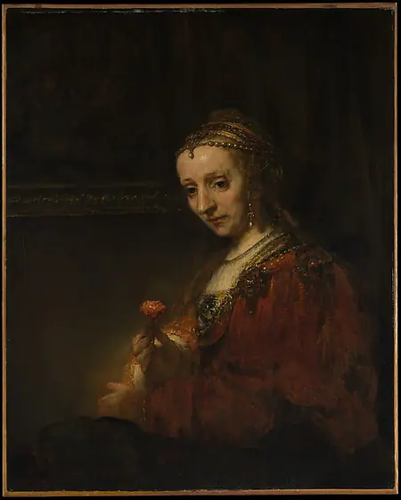 Woman with a Pink, Rembrandt van Rijn, early 1660s, oil on canvas