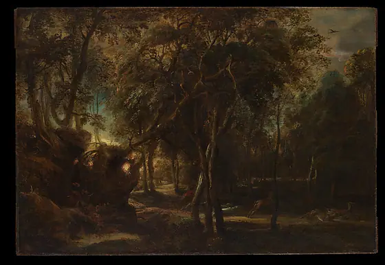 A Forest at Dawn with a Deer Hunt, Peter Paul Rubens, ca. 1635, oil on wood