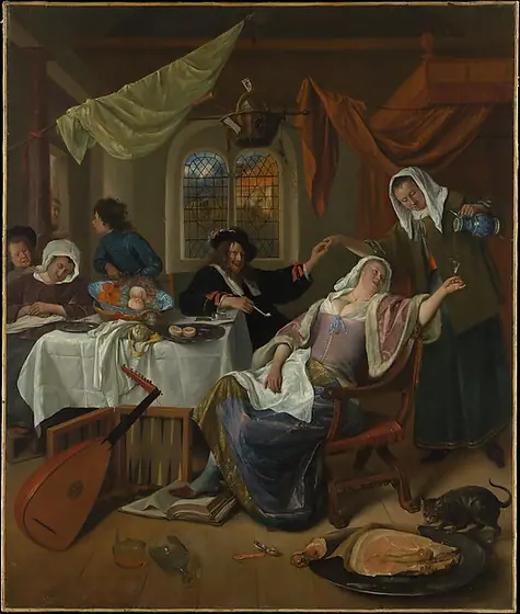 The Dissolute Household, Jan Steen, ca. 1663–64, oil on canvas