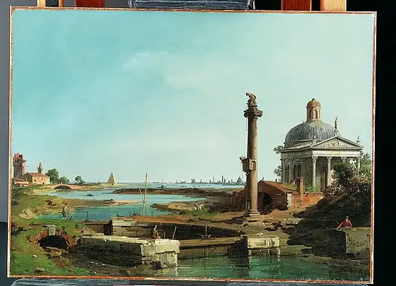 A Lock, a Column, and a Church beside a Lagoon, Canaletto, 1743, oil on canvas