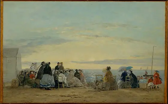 On the Beach, Sunset, Eugène Boudin, 1865, oil on wood