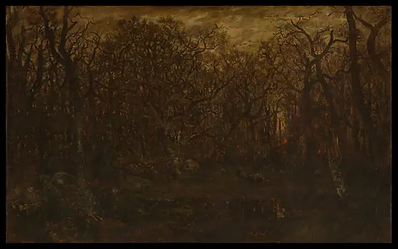 The Forest in Winter at Sunset, Théodore Rousseau, ca. 1846–67, oil on canvas