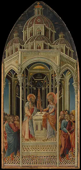 The Annunciation to Zacharias; (verso) The Angel of the Annunciation, Giovanni di Paolo, ca. 1455–60, tempera and gold on wood