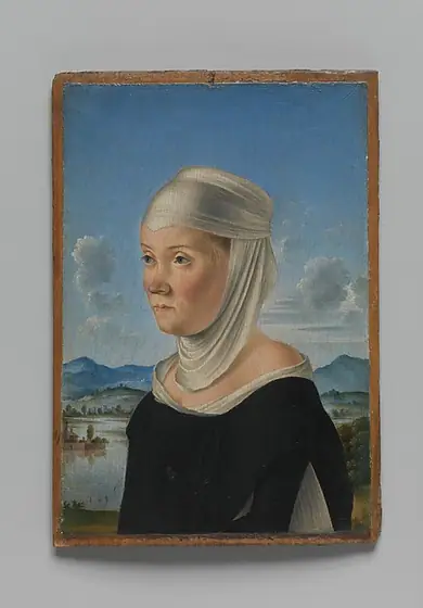 Portrait of a Woman, Possibly a Nun of San Secondo; (verso) Scene in Grisaille, Jacometto, ca. 1485–95, oil on wood; (verso: oil and gold on wood)