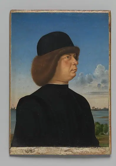 Portrait of Alvise Contarini(?); (verso) A Tethered Roebuck, Jacometto, ca. 1485–95, oil on wood; verso: oil and gold on wood