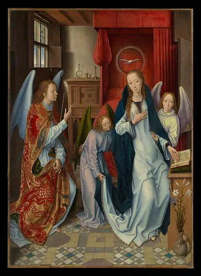 The Annunciation, Hans Memling, 1480–89, oil on panel, transferred to canvas