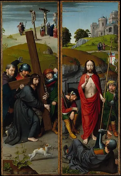 Christ Carrying the Cross, with the Crucifixion; The Resurrection, with the Pilgrims of Emmaus, Gerard David, ca. 1510, oil on oak panel