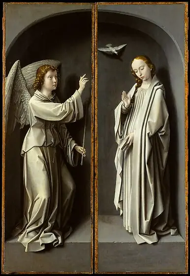 Archangel Gabriel; The Virgin Annunciate, Gerard David, ca. 1510, oil on oak panel