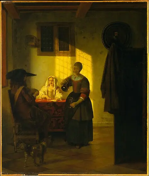 A Couple Playing Cards, with a Serving Woman, Pieter de Hooch, ca. 1665–75, oil on canvas