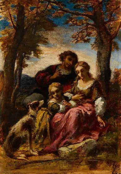 Figures and a Dog in a Landscape, Narcisse Virgilio Díaz de la Peña, 1852, oil on wood