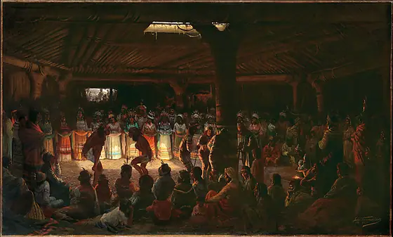 Dance in a Subterranean Roundhouse at Clear Lake, California, Jules Tavernier, 1878, oil on canvas