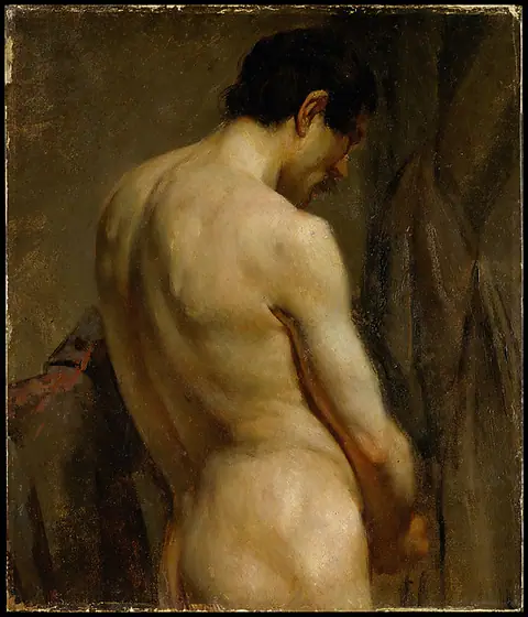 Male Academy Figure: Half-Length, Side View, Eugène Delacroix, ca. 1818–20, oil on paper laid down on panel (formerly canvas)
