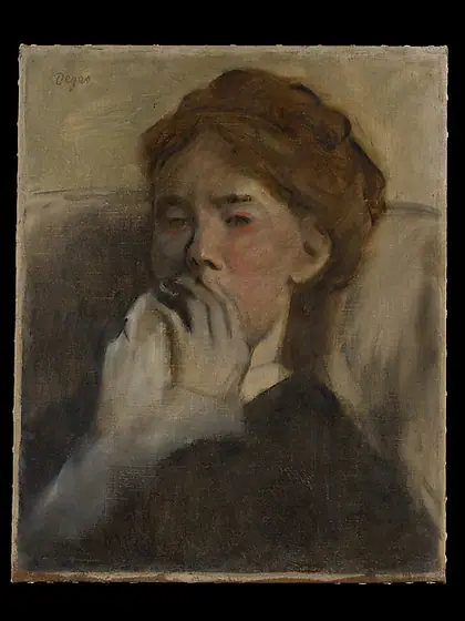 Young Woman with Her Hand over Her Mouth, Edgar Degas, ca. 1875, oil colors freely mixed with turpentine on canvas