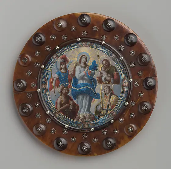 Nun’s Badge with the Virgin of the Immaculate Conception, Nicolás Rodríguez Juárez, ca. 1710, oil and gold on copper; tortoiseshell and silver frame