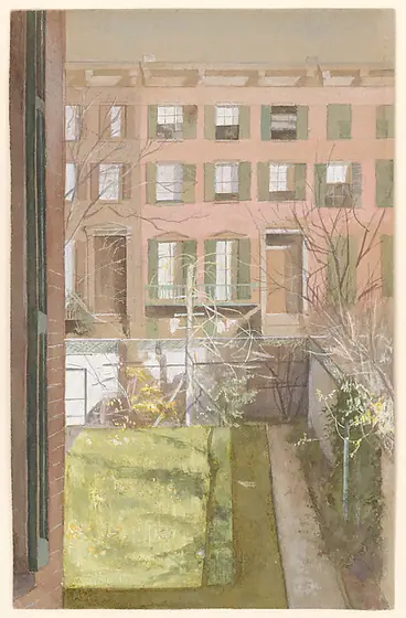 Garden View, Brooklyn, Fidelia Bridges, ca. 1867, watercolor and gouache, with traces of graphite underdrawing, on tan hot-pressed wove paper