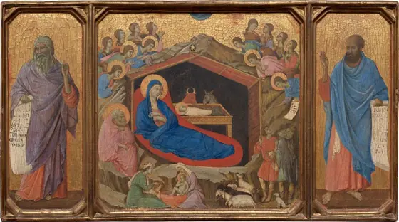 This horizontal painting is made up of three parts: in the center square panel, a woman reclines under a wooden shelter set into a rocky cave, which is surrounded by angels, and narrower wings to either side are each occupied by a standing…