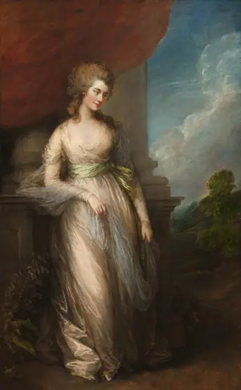 A woman with pale, smooth skin stands wearing a loosely draped, champagne-peach dress in this vertical portrait painting. Her body faces us but she turns her head to look down and off to our right with brown eyes.