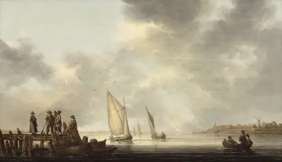We look across a body of calm water onto a wooden pier, rowboats, sailboats, and a town on the distant shore, all beneath a cloudy sky that takes up the top three-quarters of this horizontal landscape.