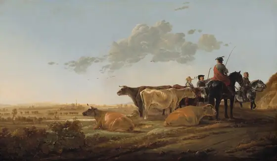 Warm sunlight bathes a scene with a herd of five golden tan, ivory, or chocolate-brown cows lying or standing on a low hill near four people on foot and on horseback in this horizontal landscape painting.