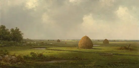 This painting depicts a pastoral scene with grassy marshland dotted with several yellow haystacks. A river winds through the flat green landscape, and on the right side a shallow boat sits next to the edge of the water.