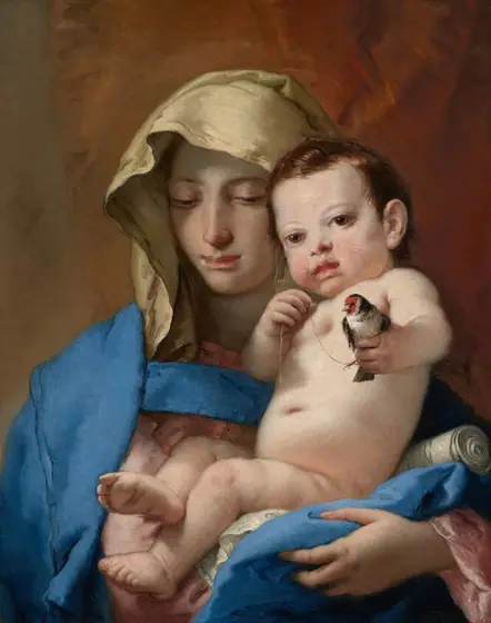 Shown from the chest up, a young woman faces us holding a nude baby in her arms in this vertical painting. They both have pale, peachy skin with pink cheeks.