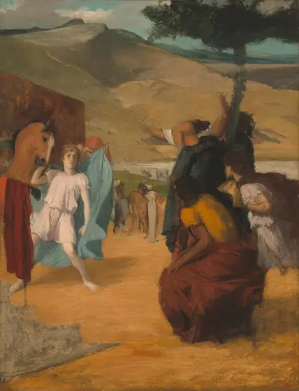 Two groups of people face off in front of a hilly landscape in this loosely painted, vertical scene. On our left, a pale young man in a white tunic looks with eyes wide and lips parted at a group of three people on our right.