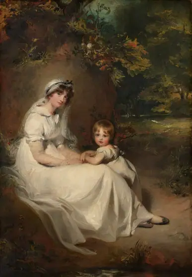Both dressed in white, a little boy leans onto the lap of a woman sitting in front of a smooth, sunlit boulder with a landscape to the right in this vertical portrait painting. Both people have pale skin with rosy cheeks.