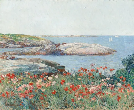 We look across a profusion of vivid red, blush-pink, and white flowers lining a stony shoreline in this almost square landscape painting.