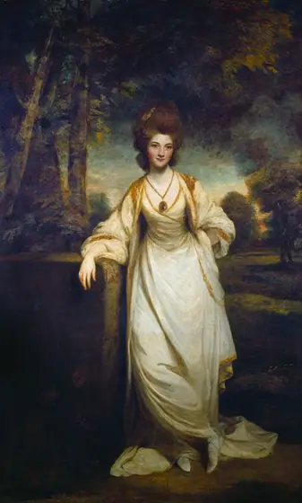A pale-skinned woman wearing a cream-white dress stands in front of a shadowy landscape in this vertical portrait painting. Facing us, the woman looks directly out with dark gray eyes under gently curving brows.