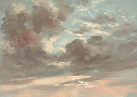 This horizontal painting is filled with gray and white clouds against a blue sky. Wisps of white clouds are interspersed among banks of darker gray clouds against a pale blue sky in the top half of the painting.
