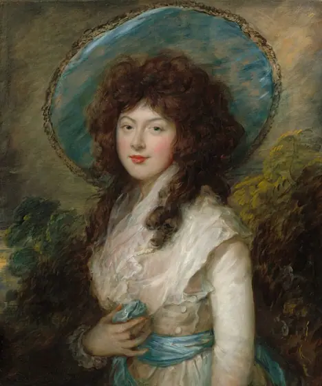 This painting is a portrait of a woman, her torso facing slightly to the left, her face looking directly at us. The woman has fair skin, rosy cheeks, and red lips in a subtle smile.