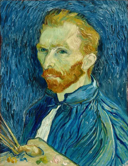 Shown from the chest up, a man with short, orange hair and green-tinted, pale skin looks at us, wearing a vivid blue painter's smock in this vertical portrait painting.