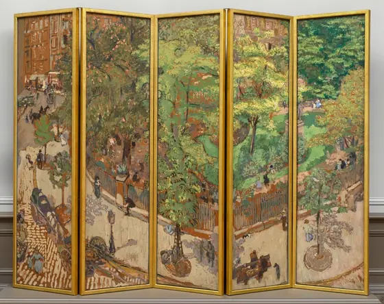 A screen made up of five tall, rectangular panels, set side by side and each surrounded by a gold frame, is painted as a single scene showing a tree-lined sidewalk curving around a park in a city.