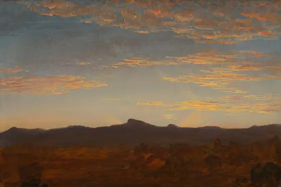 This painting depicts a vast landscape with a horizon line in the lower third of the painting. A range of dark brown and purple mountains or hills stretches across the width of the image.
