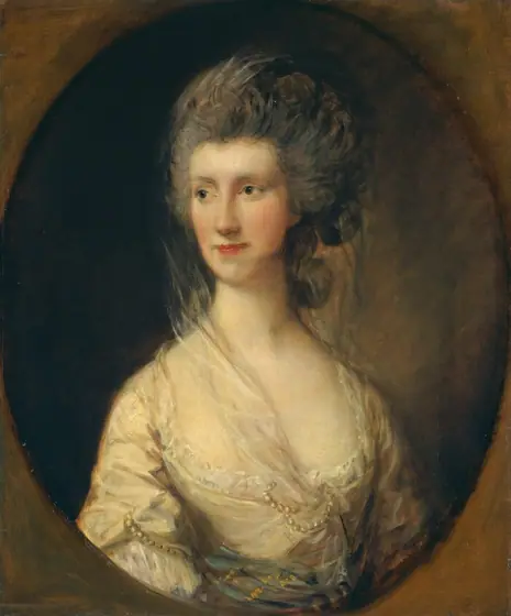A pale-skinned woman is shown from the waist up within an oval opening in this vertical portrait painting. The woman’s body is angled to our right, but she turns her face to look off to our left with gray eyes.