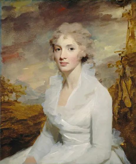 Shown from the hips up, a pale-skinned woman wearing white sits facing us against a golden-toned landscape background in this vertical portrait painting.