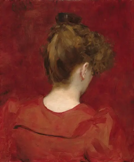 Facing away from us against a cherry-red background, the head and shoulders of a light-skinned woman wearing strawberry red, with her copper-brown hair piled atop her head, fills this vertical painting.