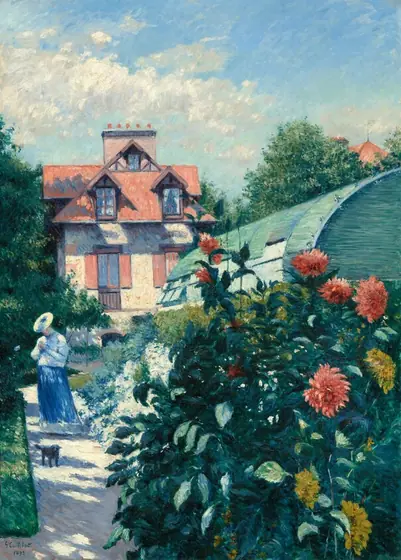 A woman stands on a sun-dappled path, which runs past a bank of blooming flowers and back to a cottage in this vertical painting.
