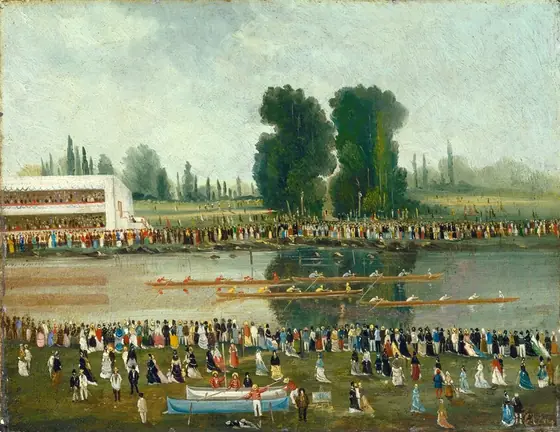 This painting shows a rowing competition with a large crowd along the riverbank. Tall trees and distant, hazy hills are visible on the horizon. The sky above is a soft, muted gray-blue color.